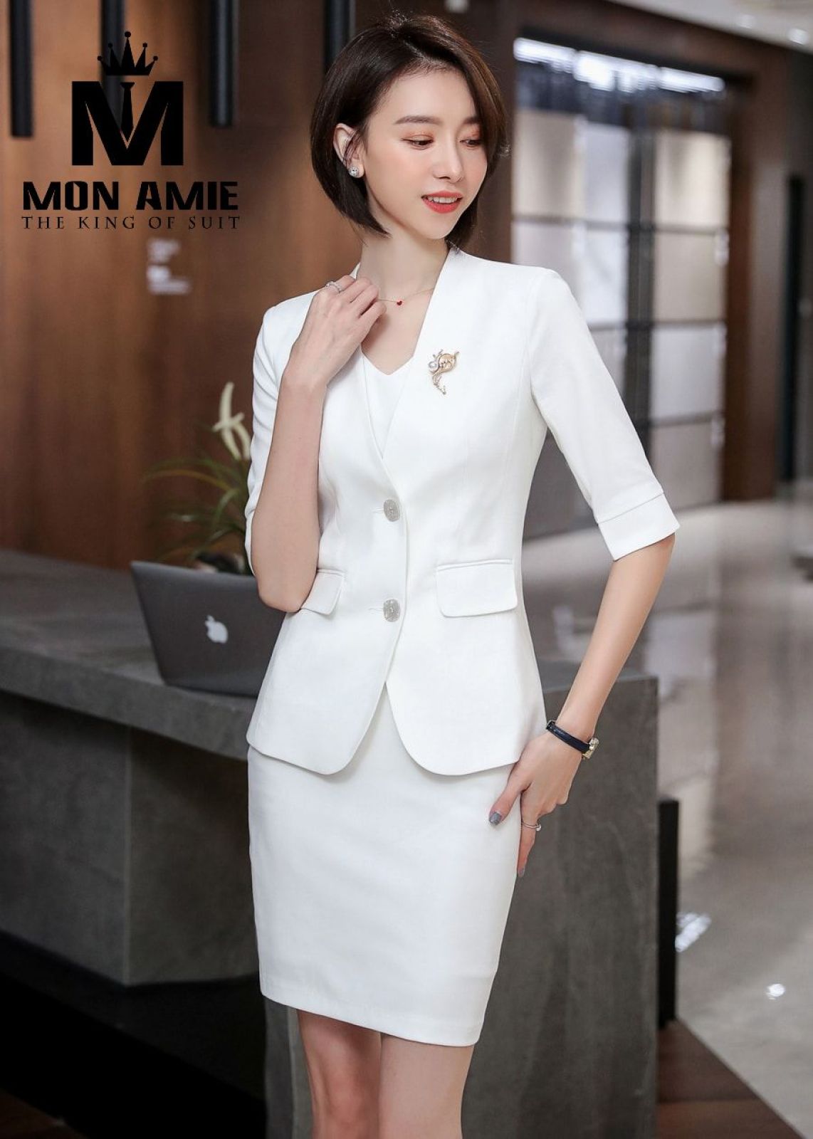 White Collarless Business Suit With Tulip Skirt 